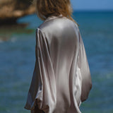Apsara Mist Light Blue Silk Kimono Blouse Balloon Sleeves Organic Boho Robe Jacket Top - AYA SW IDR