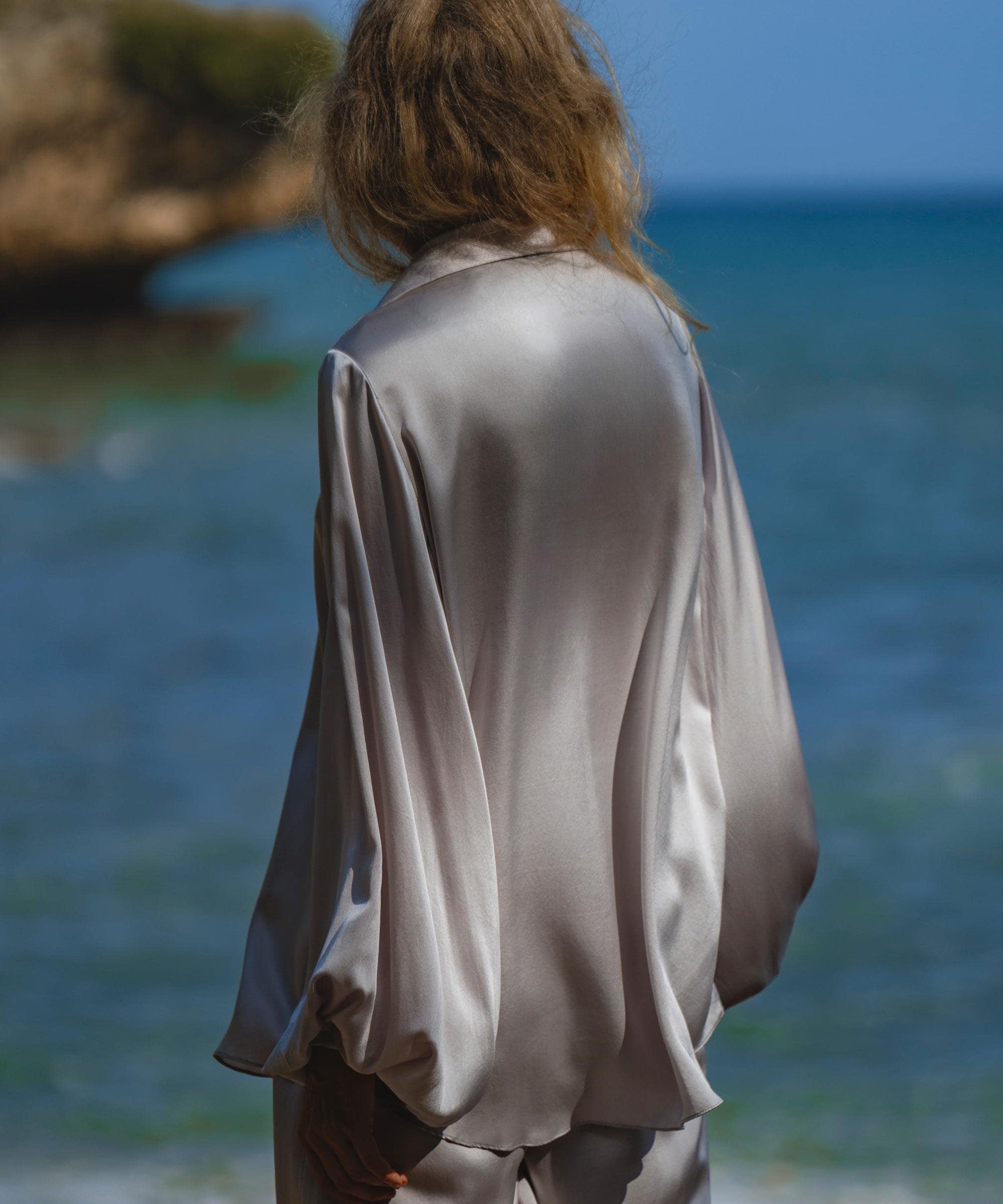 Apsara Mist Light Blue Silk Kimono Blouse Balloon Sleeves Organic Boho Robe Jacket Top - AYA SW IDR