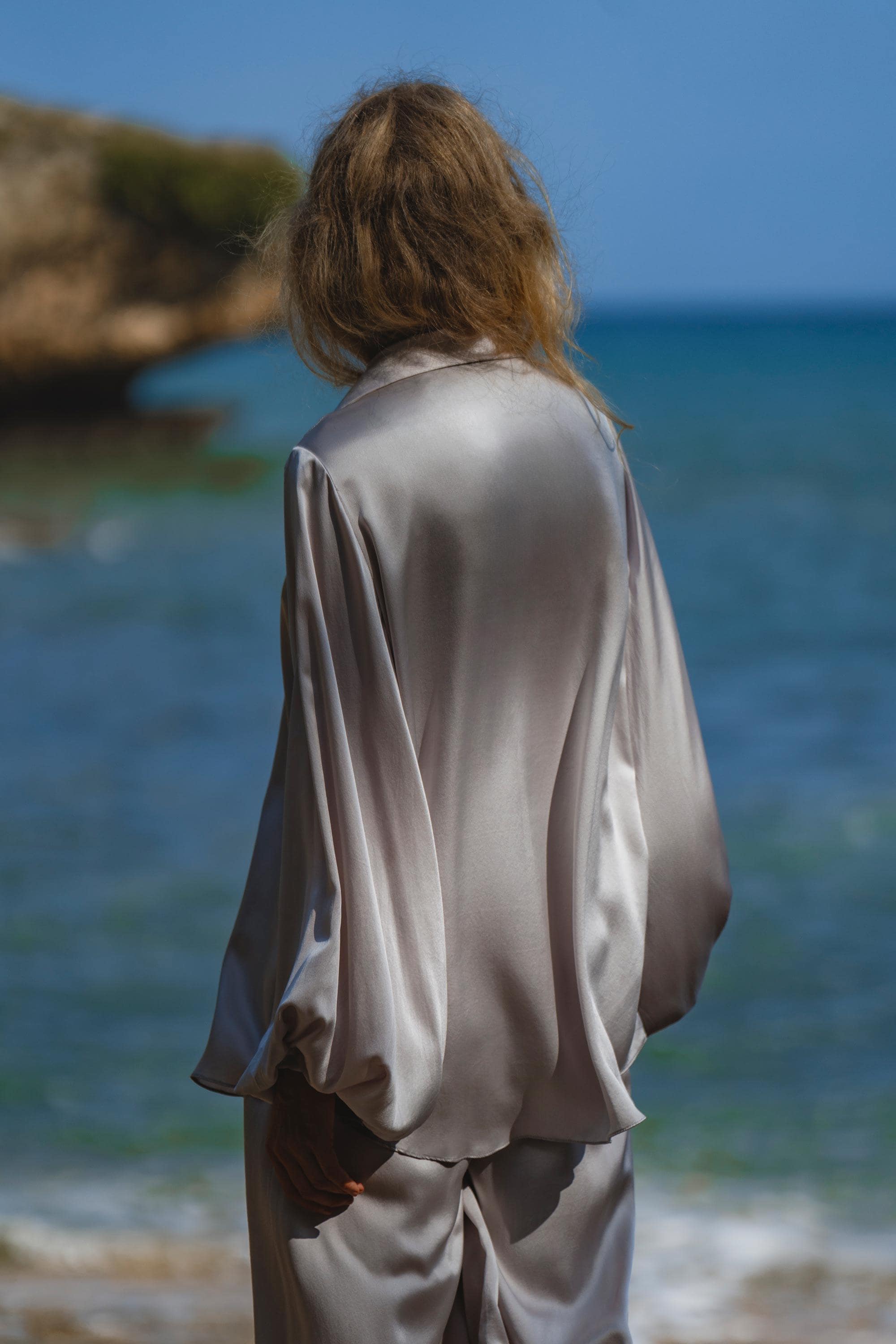Apsara Mist Light Blue Silk Kimono Blouse Balloon Sleeves Organic Boho Robe Jacket Top - AYA SW IDR