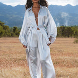 Apsara Mist Light Blue Silk Kimono Blouse Balloon Sleeves Organic Boho Robe Jacket Top - AYA SW IDR