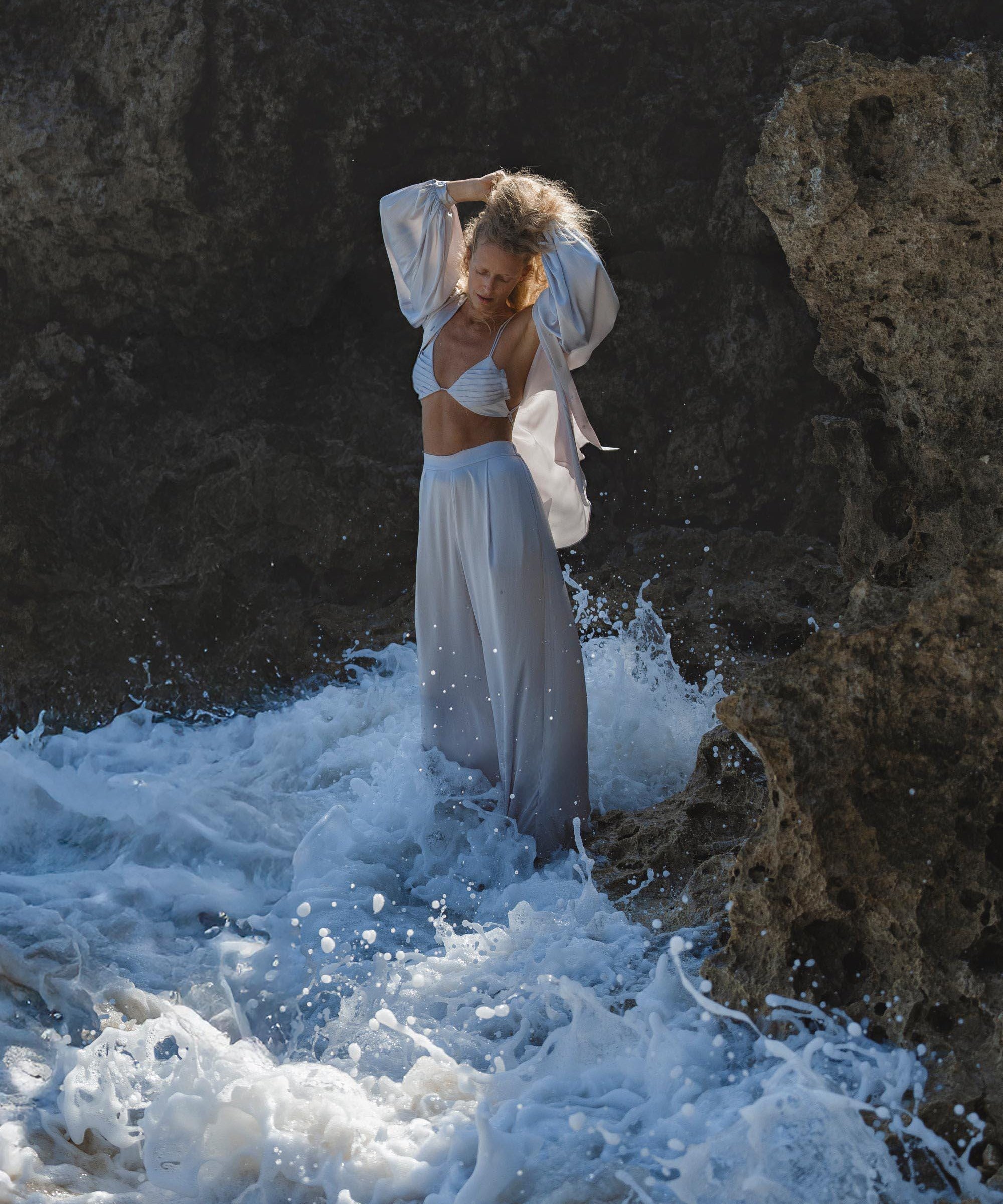 Apsara Silk Pants Mist Blue, Pure Flowy Trousers, Organic Lounge Pants • Resort Wear - AYA SW IDR