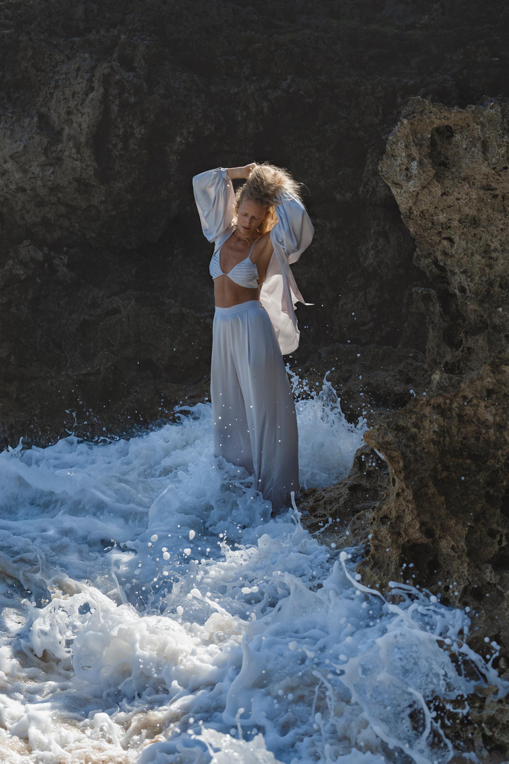 Apsara Silk Pants Mist Blue, Pure Flowy Trousers, Organic Lounge Pants • Resort Wear - AYA SW IDR