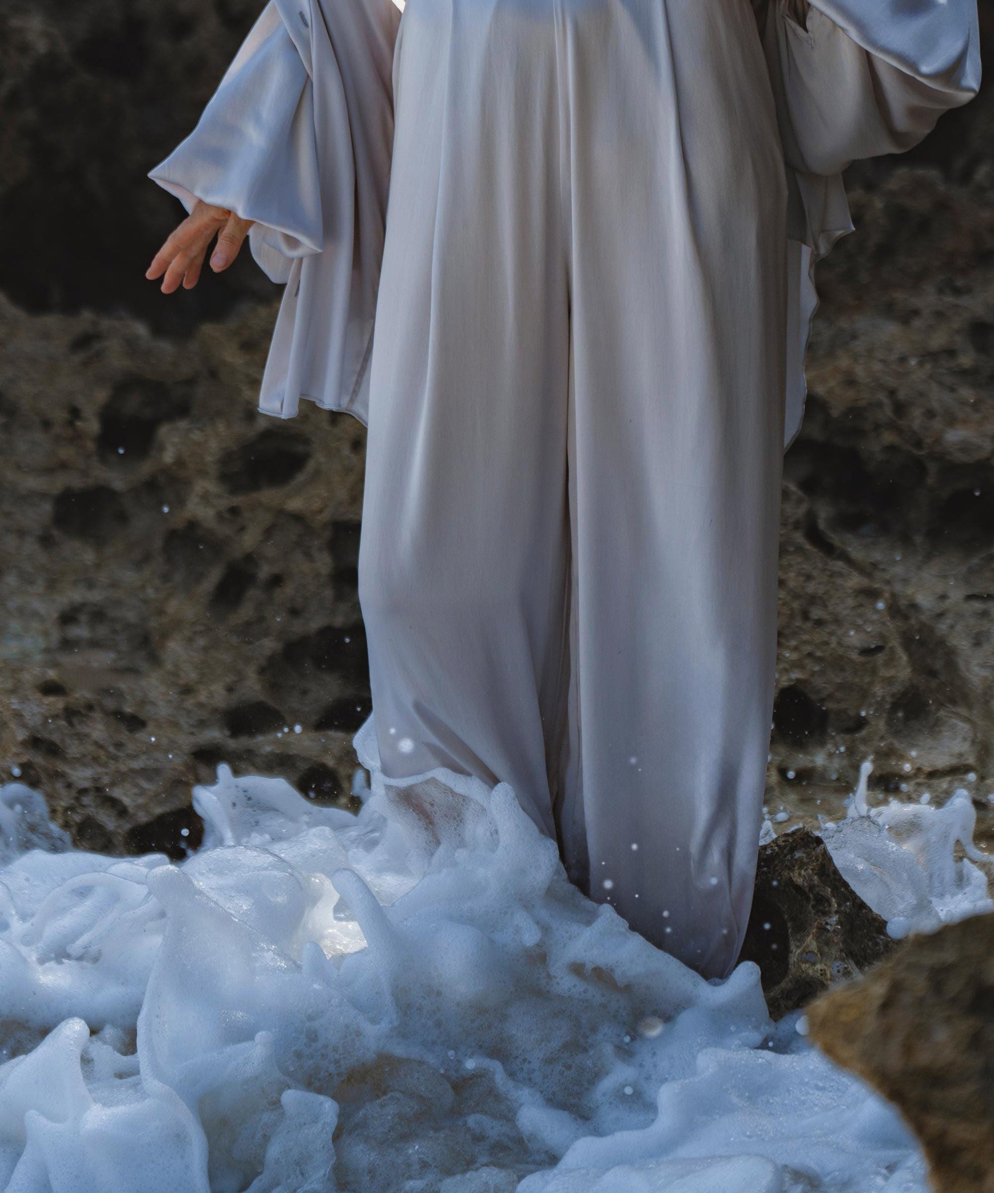 Apsara Silk Pants Mist Blue, Pure Flowy Trousers, Organic Lounge Pants • Resort Wear - AYA SW IDR