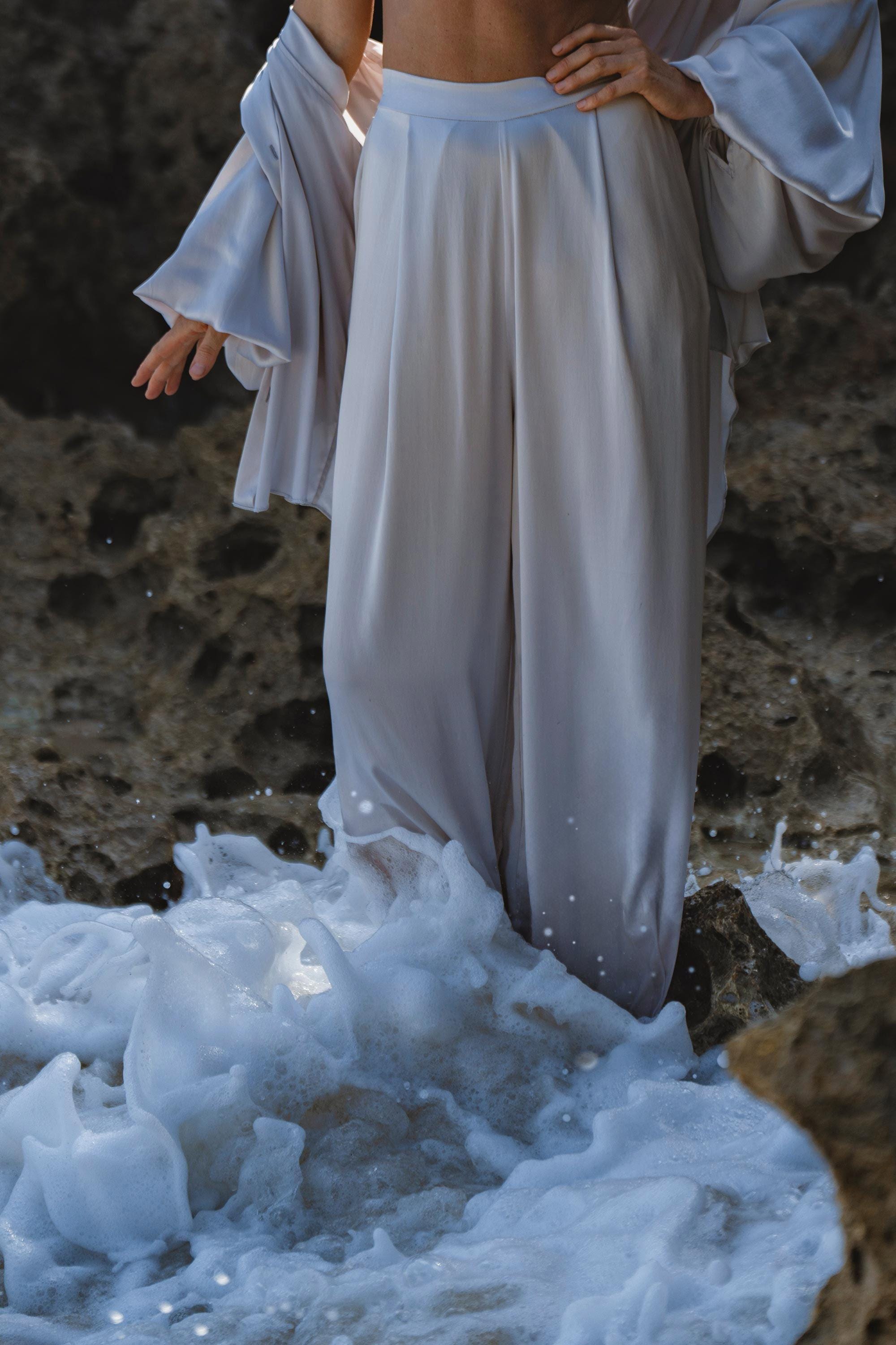 Apsara Silk Pants Mist Blue, Pure Flowy Trousers, Organic Lounge Pants • Resort Wear - AYA SW IDR