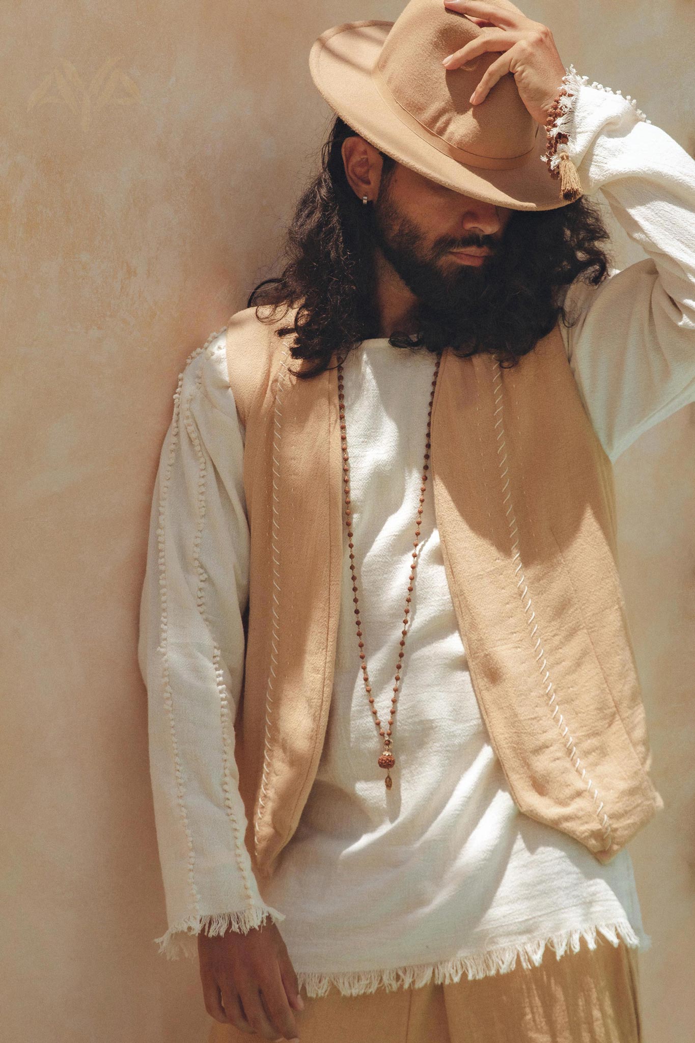 Beige Hand Embroidered Vest for Men By AYA Sacred Wear