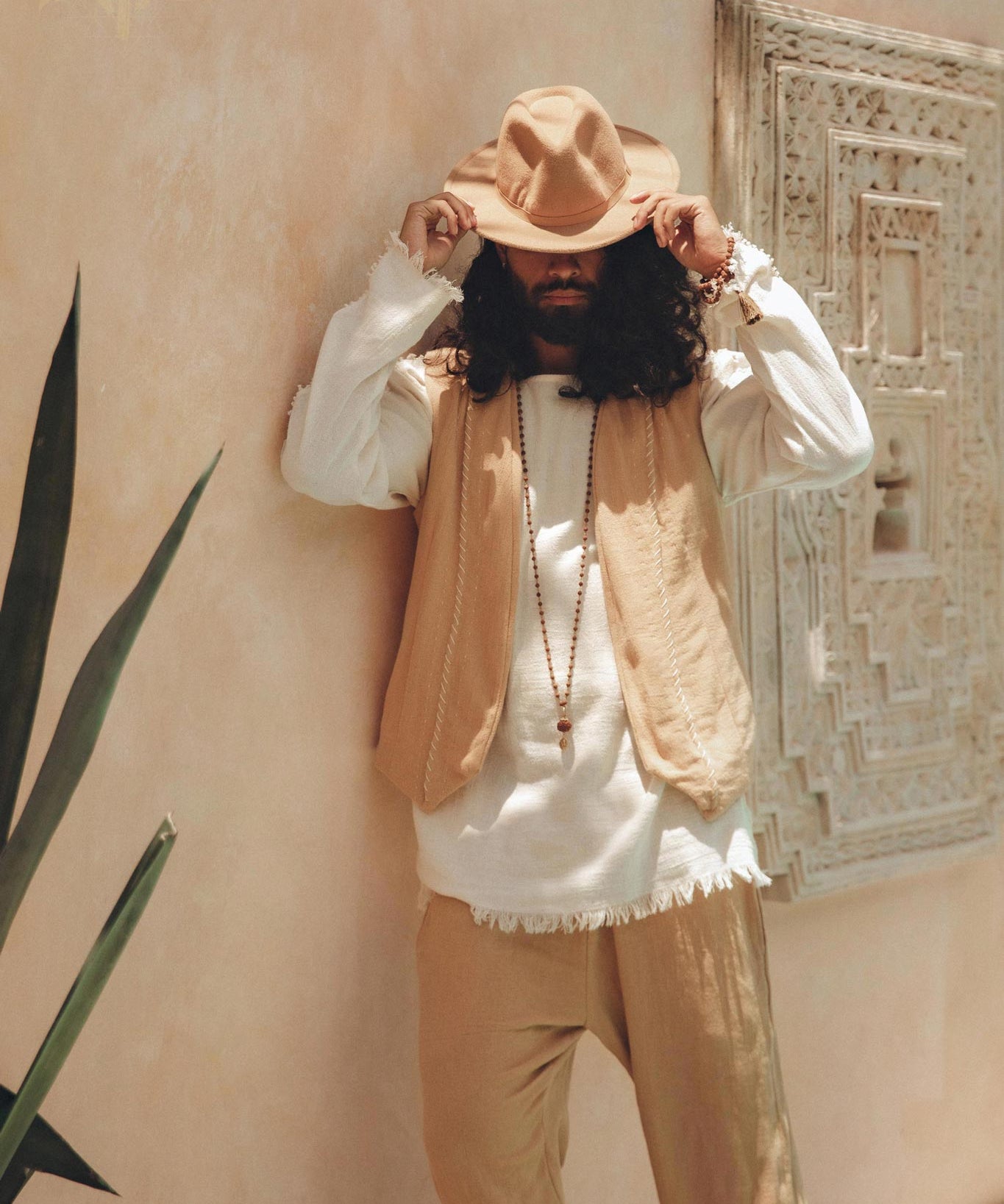 Beige Hand Embroidered Vest for Men - AYA SW IDR