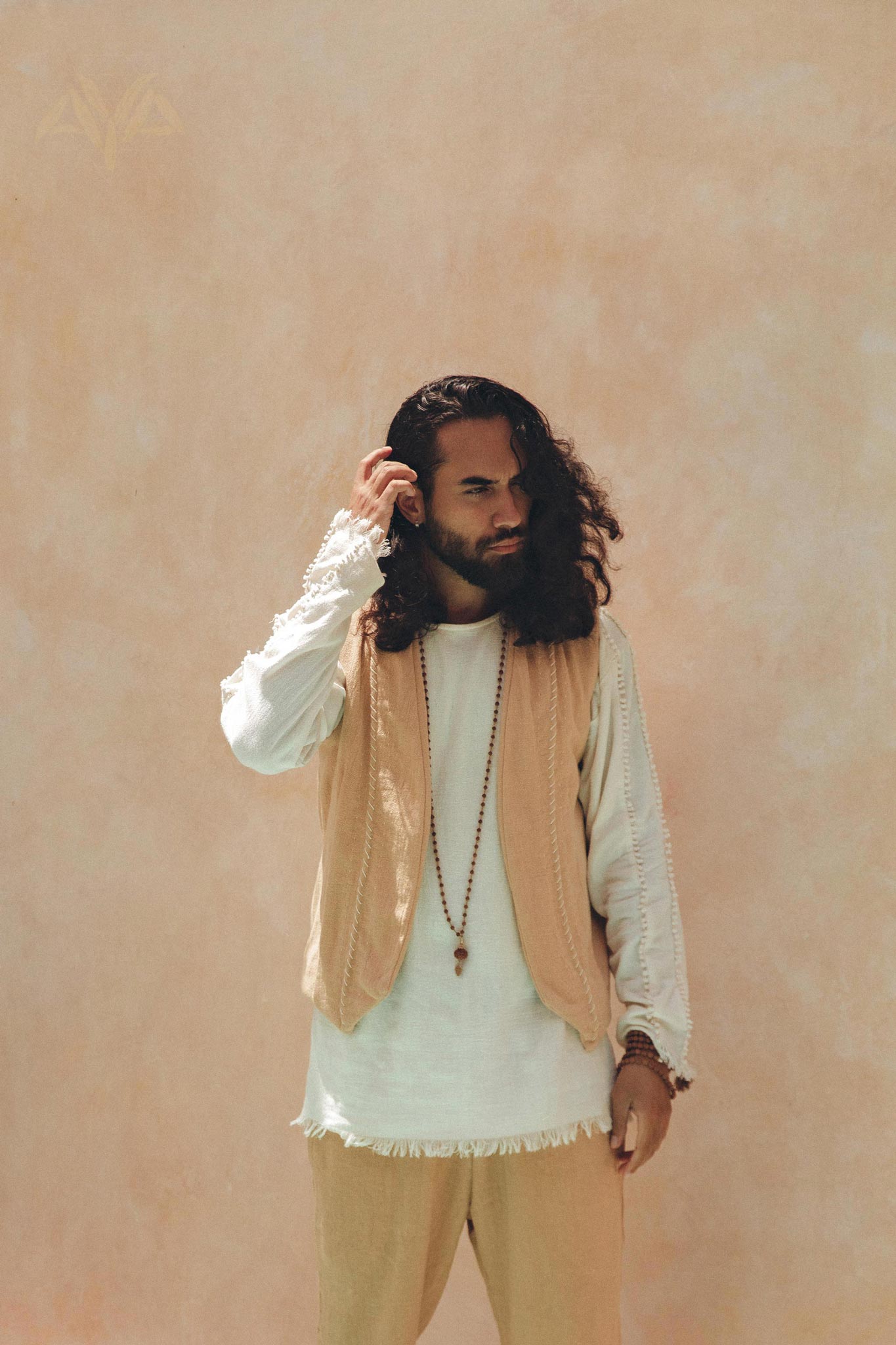 Beige Hand Embroidered Vest for Men - AYA SW IDR