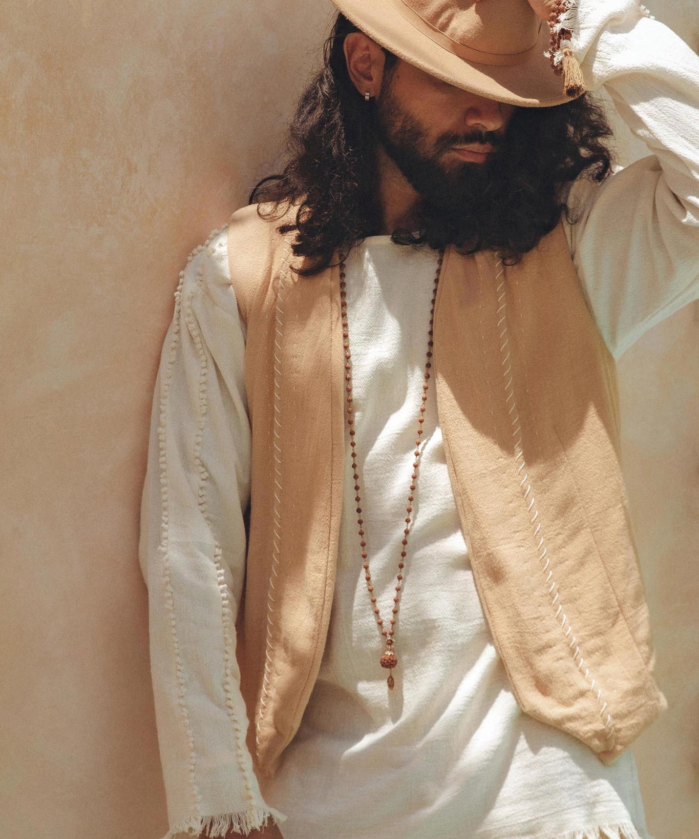 Beige Hand Embroidered Vest for Men - AYA SW IDR