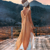 Beige Ochre Boho Handwoven Hand - Loomed See Through Dress - AYA SW IDR