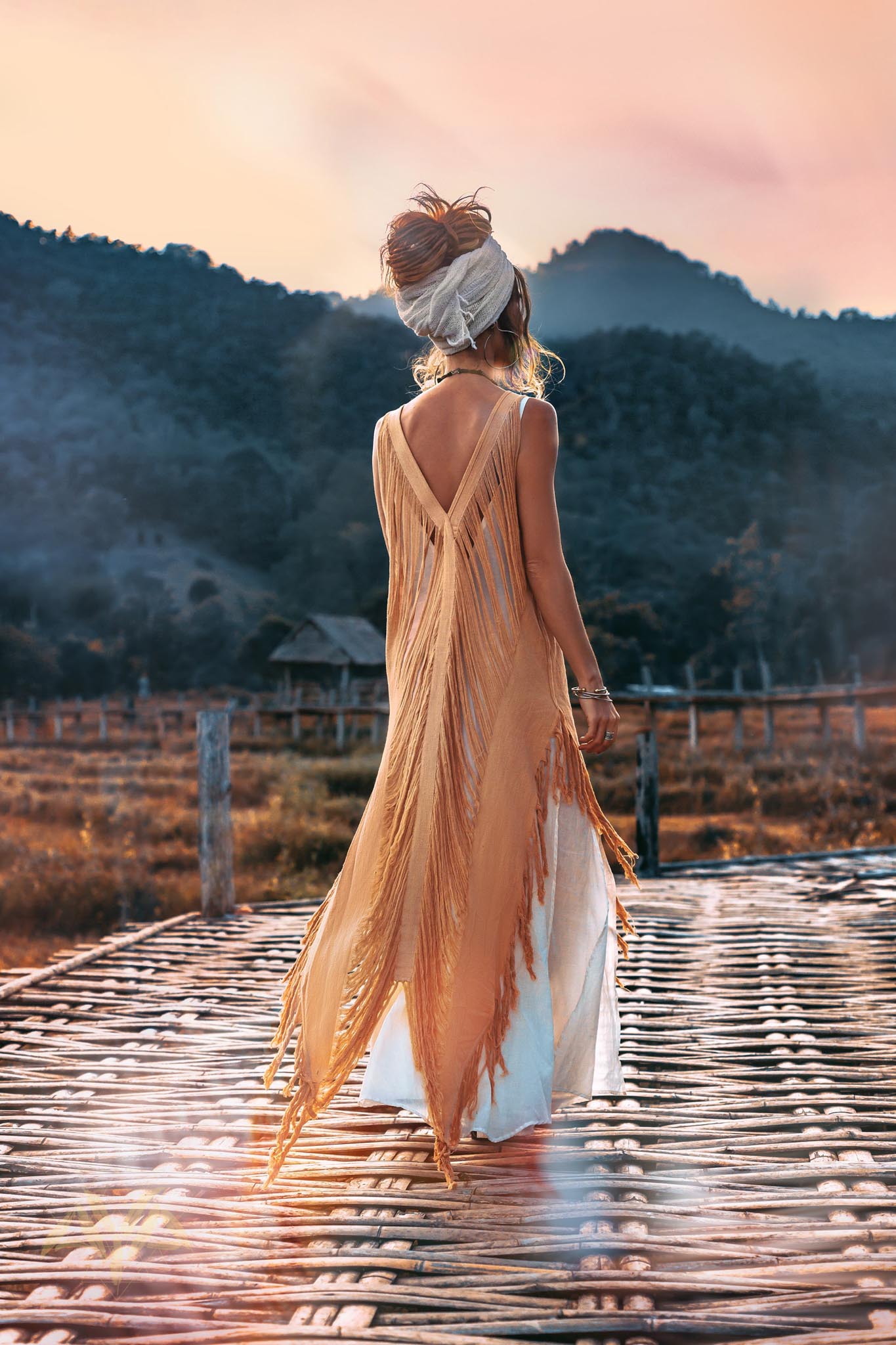 Beige Ochre Boho Handwoven Hand - Loomed See Through Dress - AYA SW IDR