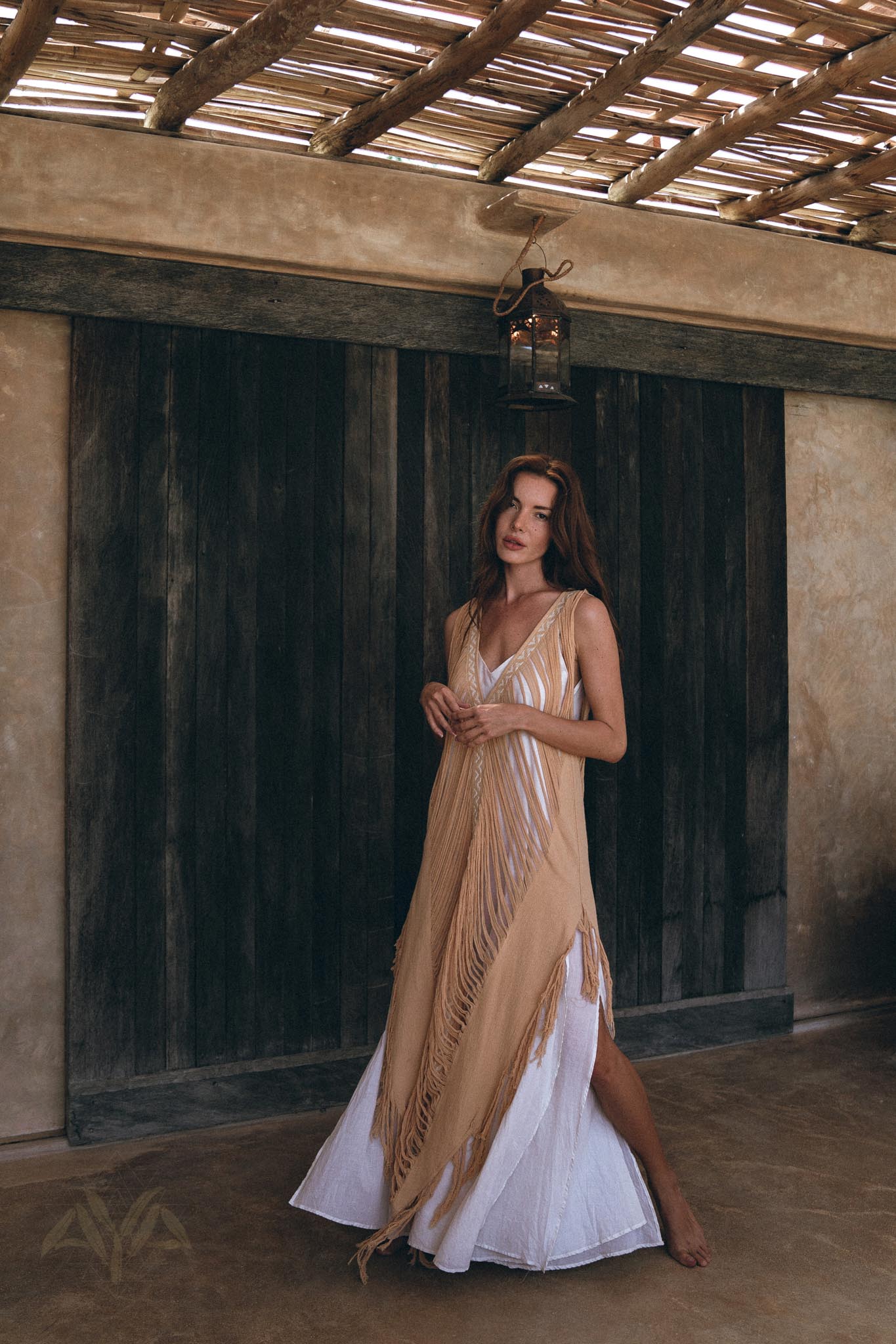 Beige Ochre Boho Handwoven Hand - Loomed See Through Dress - AYA SW IDR