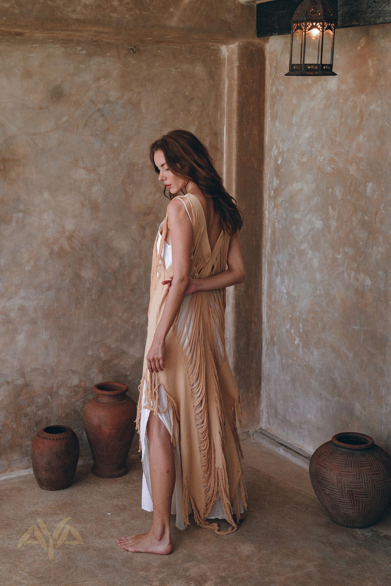 Beige Ochre Boho Handwoven Hand - Loomed See Through Dress - AYA SW IDR