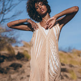 Beige Ochre Boho Handwoven Hand-Loomed See Through Dress - AYA SW IDR