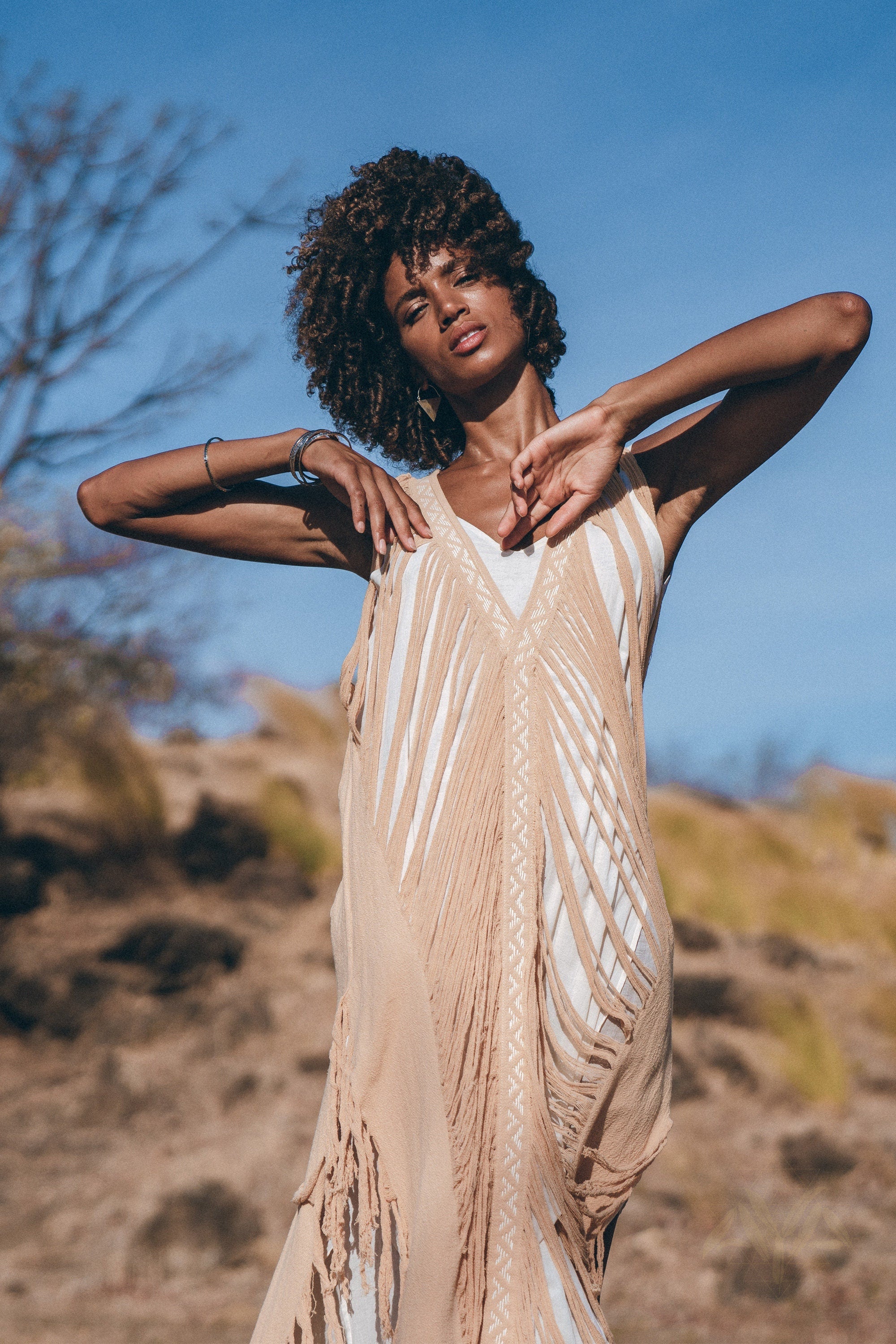 Beige Ochre Boho Handwoven Hand-Loomed See Through Dress - AYA SW IDR