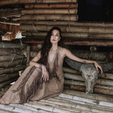 Beige Organic Cotton Bohemian Tribal Maxi Dress with Hand Loomed Tassels - AYA SW IDR