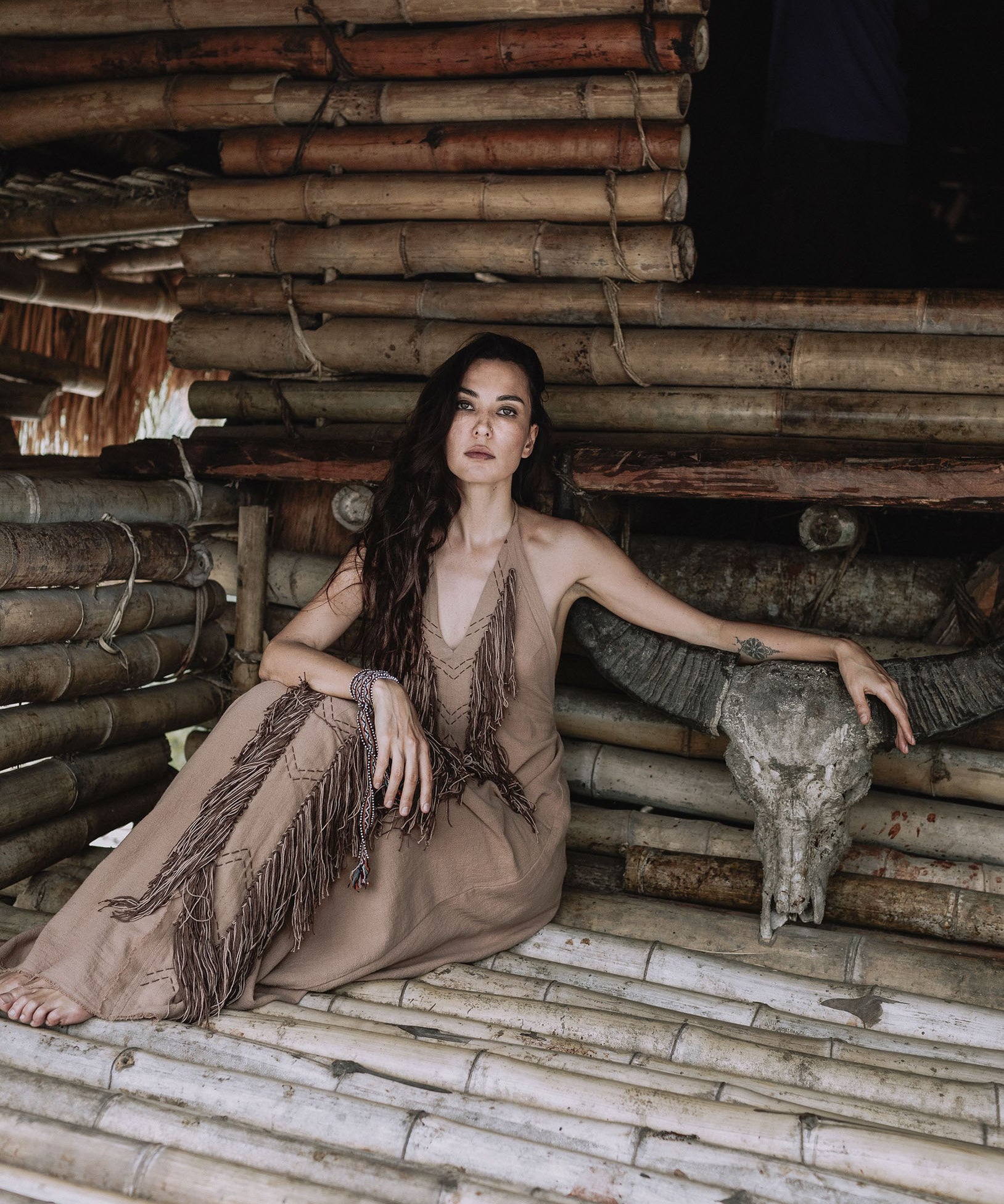Beige Organic Cotton Bohemian Tribal Maxi Dress with Hand Loomed Tassels - AYA SW IDR