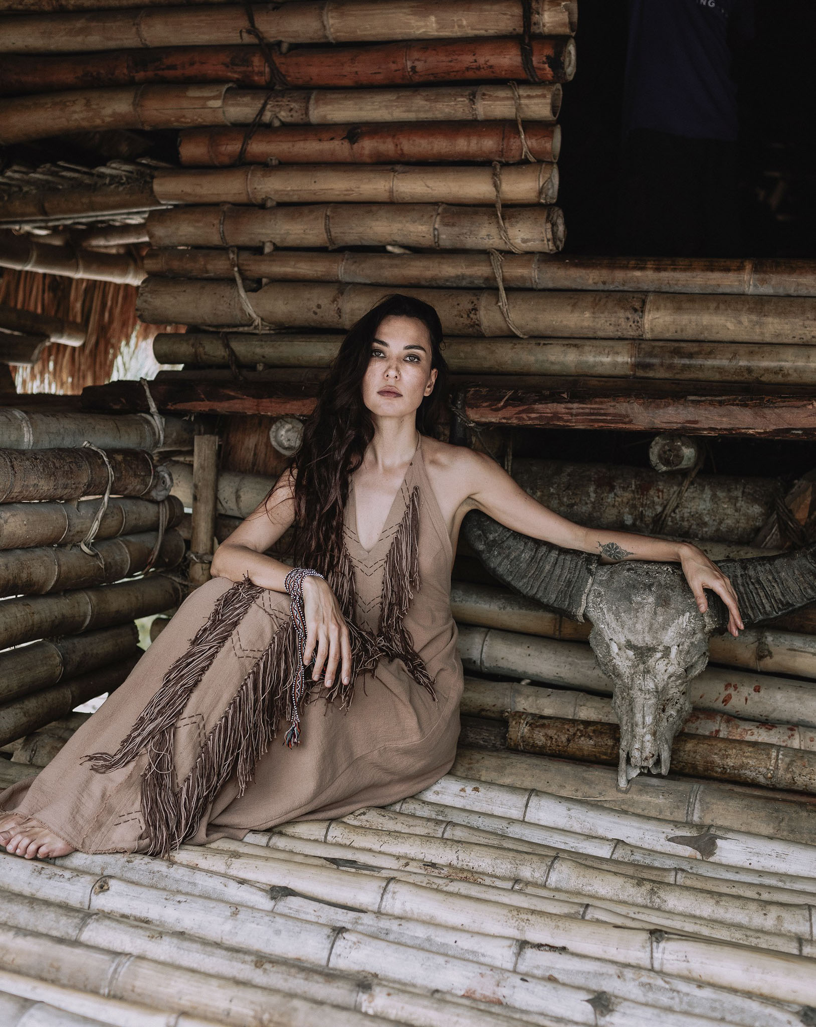 Beige Organic Cotton Bohemian Tribal Maxi Dress with Hand Loomed Tassels - AYA SW IDR