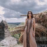 Beige Organic Cotton Bohemian Tribal Maxi Dress with Hand Loomed Tassels - AYA SW IDR