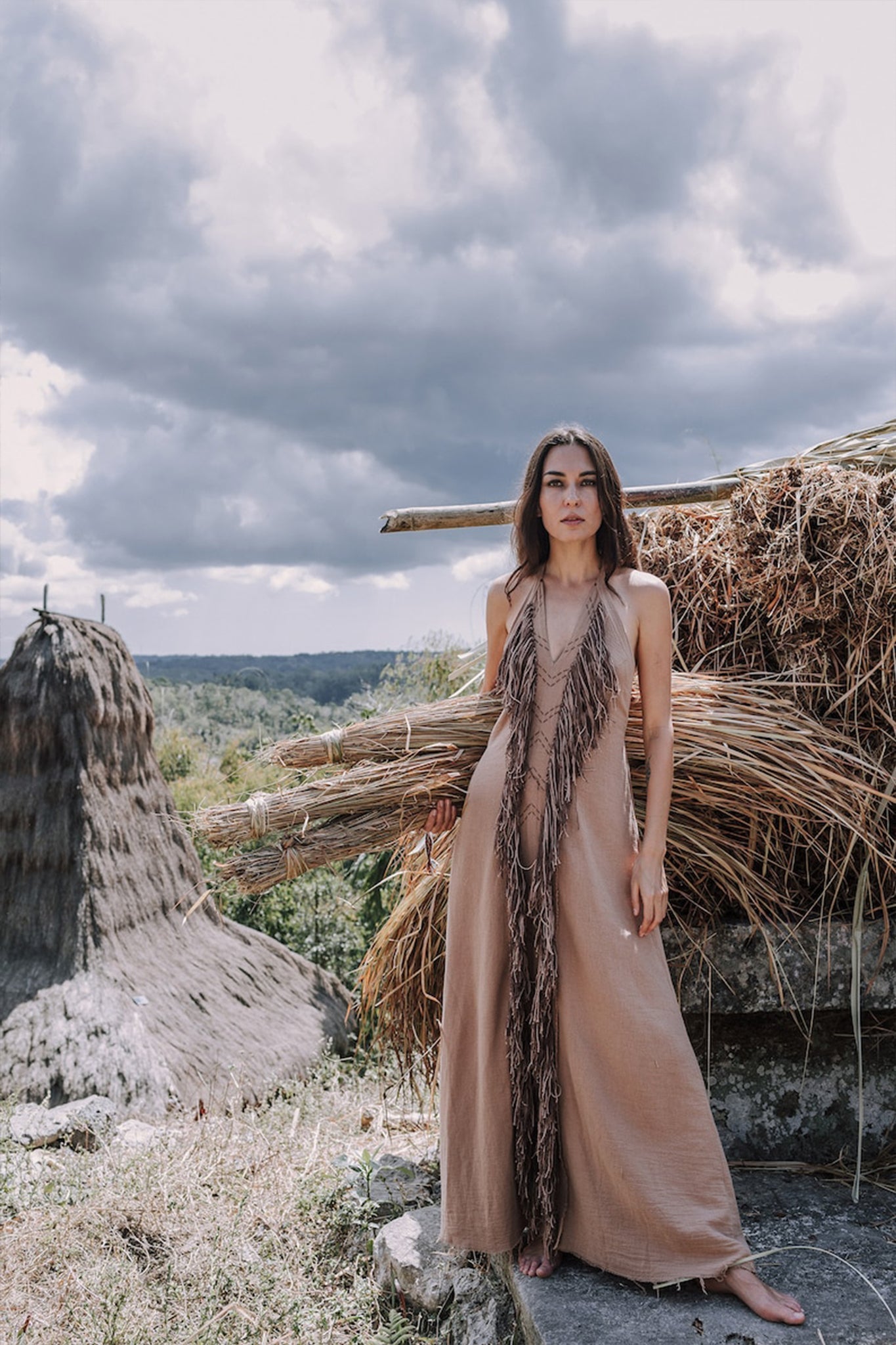Beige Organic Cotton Bohemian Tribal Maxi Dress with Hand Loomed Tassels - AYA SW IDR