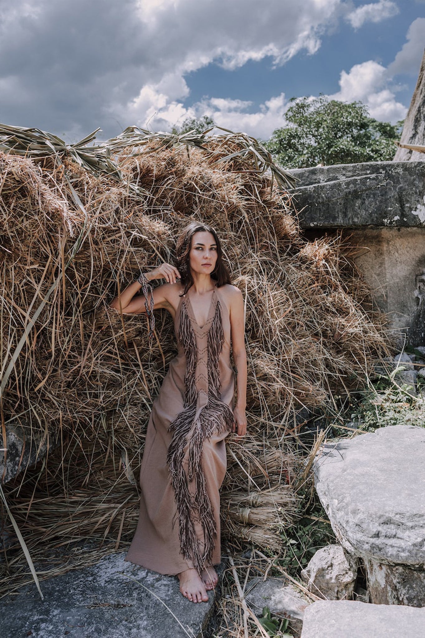 Beige Organic Cotton Bohemian Tribal Maxi Dress with Hand Loomed Tassels - AYA SW IDR