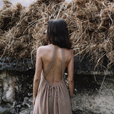 Beige Organic Cotton Bohemian Tribal Maxi Dress with Hand Loomed Tassels - AYA SW IDR