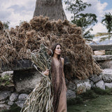 Beige Organic Cotton Bohemian Tribal Maxi Dress with Hand Loomed Tassels - AYA SW IDR