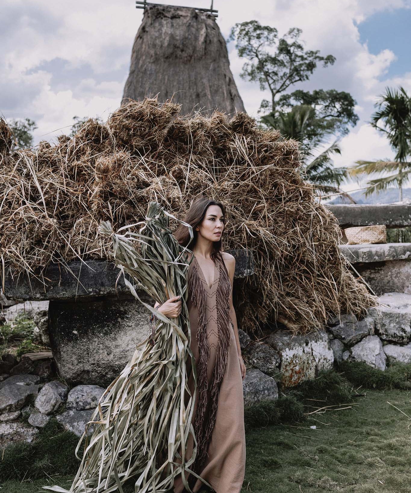 Beige Organic Cotton Bohemian Tribal Maxi Dress with Hand Loomed Tassels - AYA SW IDR