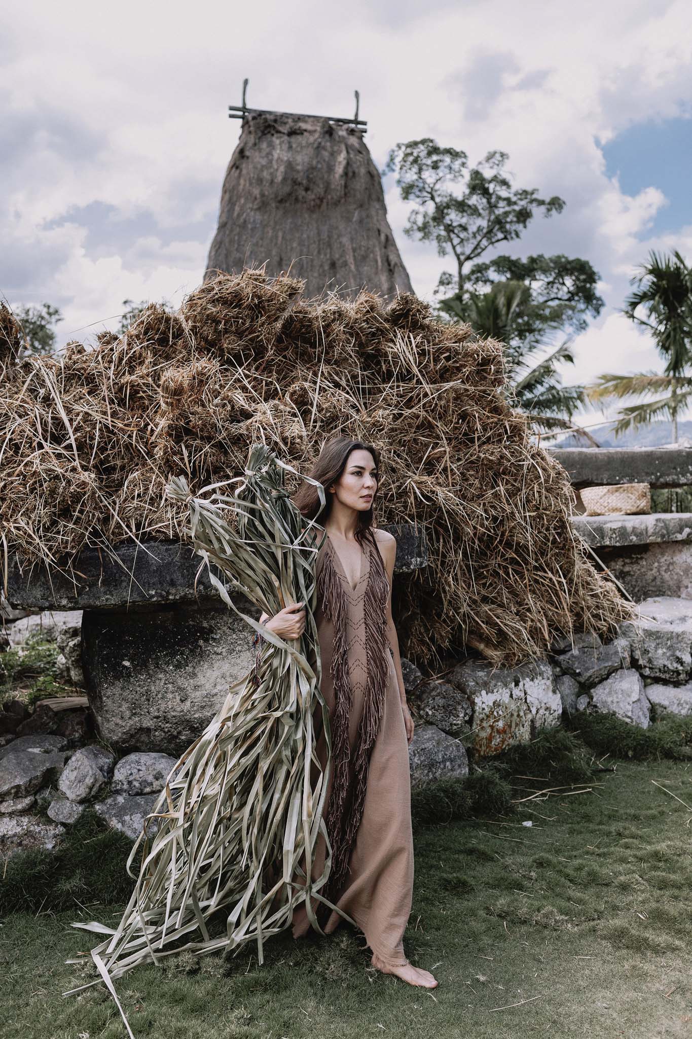 Beige Organic Cotton Bohemian Tribal Maxi Dress with Hand Loomed Tassels - AYA SW IDR