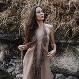 Beige Organic Cotton Bohemian Tribal Maxi Dress with Hand Loomed Tassels - AYA SW IDR