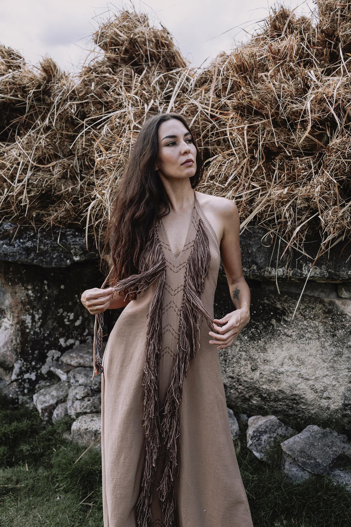 Beige Organic Cotton Bohemian Tribal Maxi Dress with Hand Loomed Tassels - AYA SW IDR