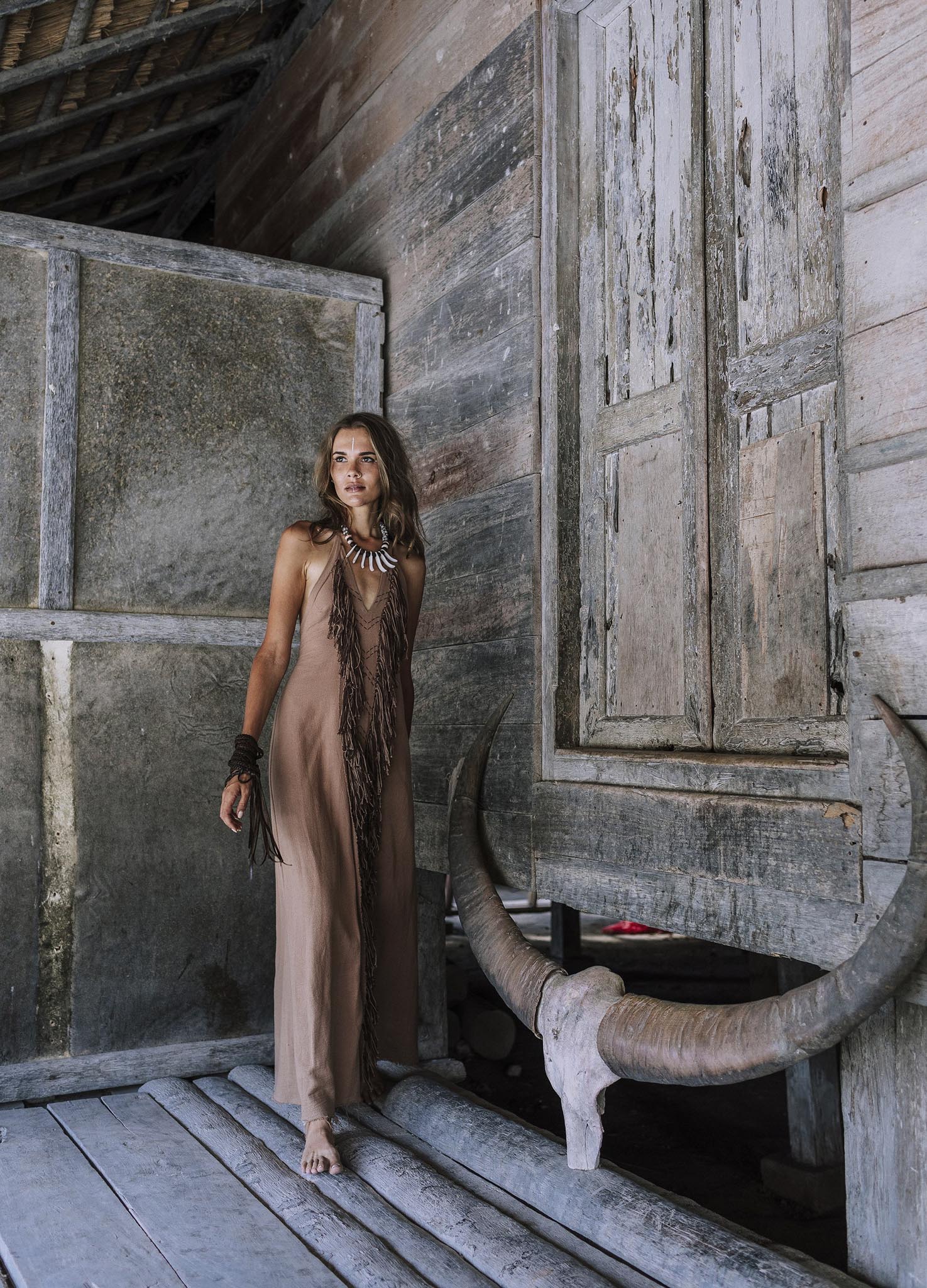 Beige Organic Cotton Bohemian Tribal Maxi Dress with Hand Loomed Tassels - AYA SW IDR
