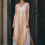 Boho chic hand-loomed and hand-woven beige ochre dress for your wardrobe.