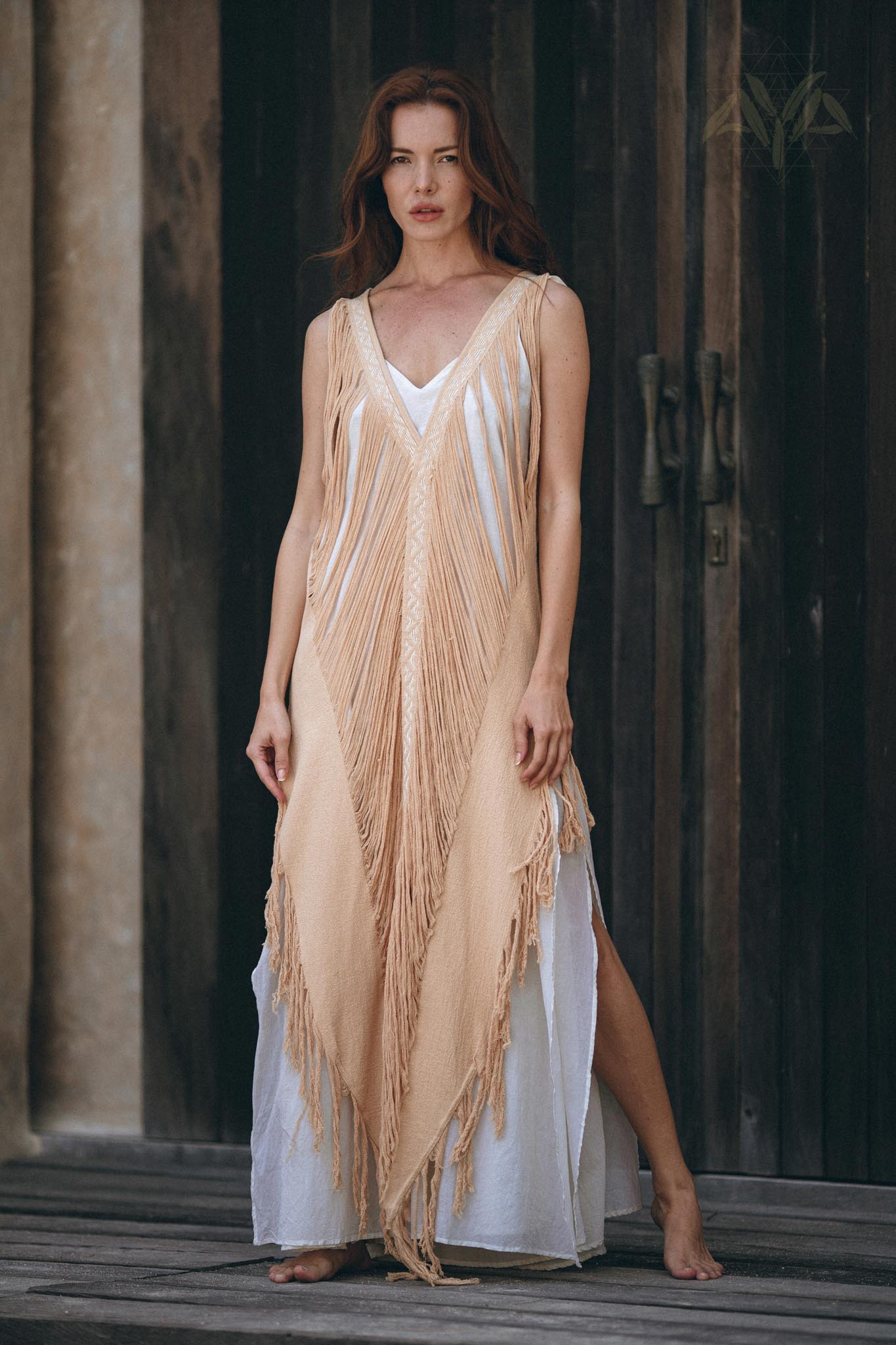 Boho chic hand-loomed and hand-woven beige ochre dress for your wardrobe.