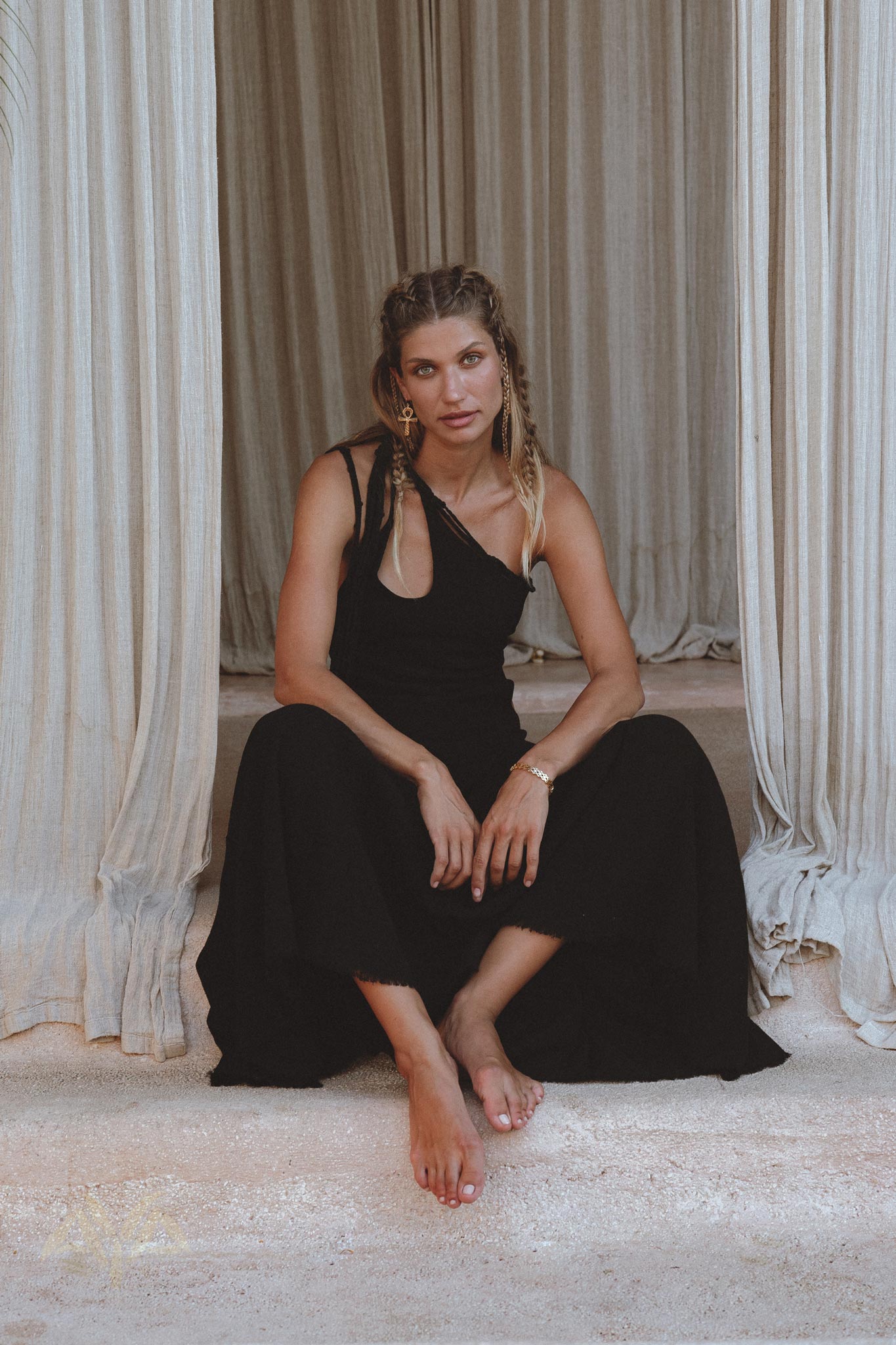 Black Aisha Dress • Macrame Toga Dress • One Shoulder Maxi Dress - AYA SW IDR