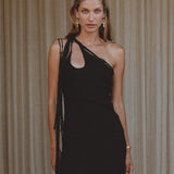 Black Aisha Dress • Macrame Toga Dress • One Shoulder Maxi Dress - AYA SW IDR