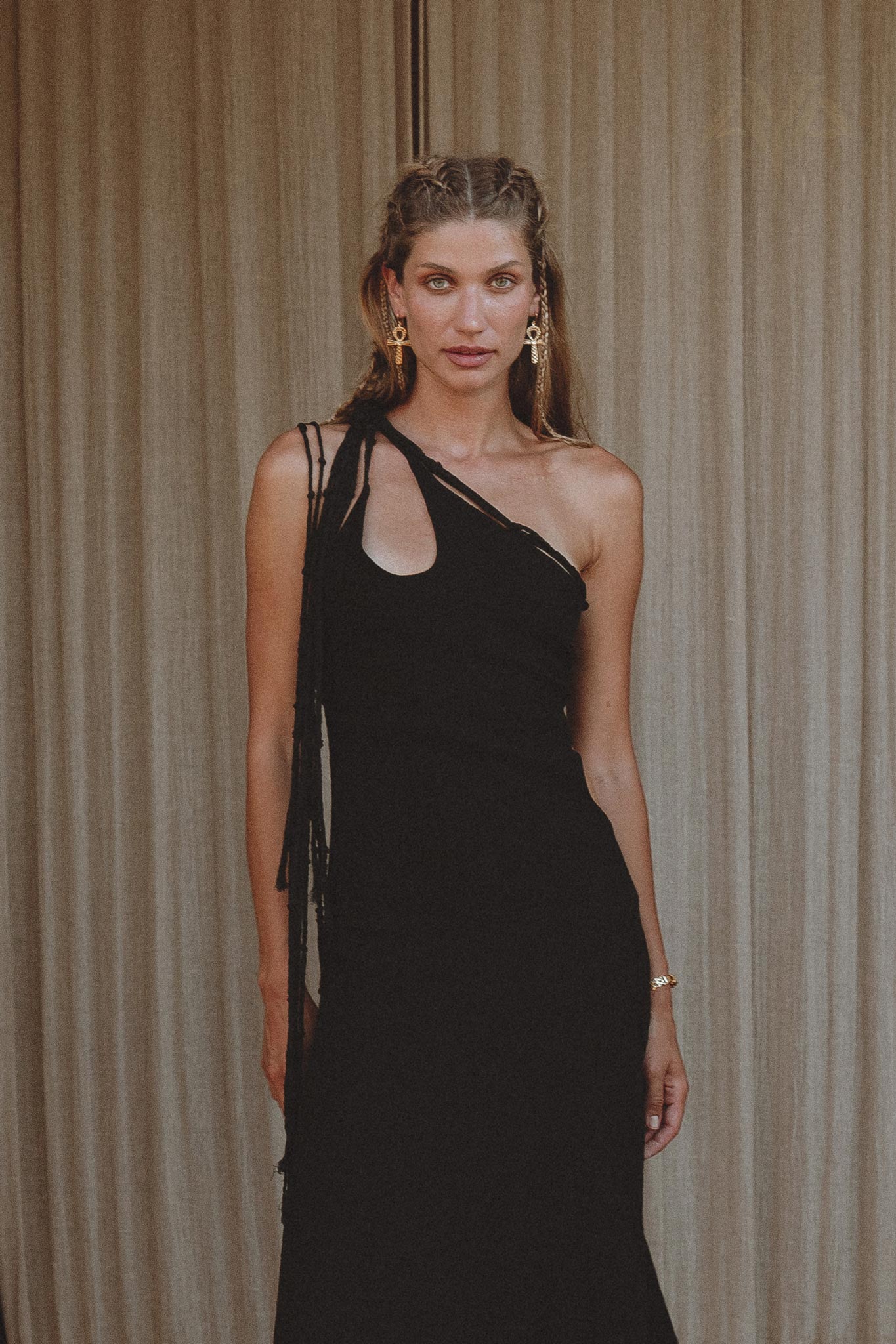 Black Aisha Dress • Macrame Toga Dress • One Shoulder Maxi Dress - AYA SW IDR