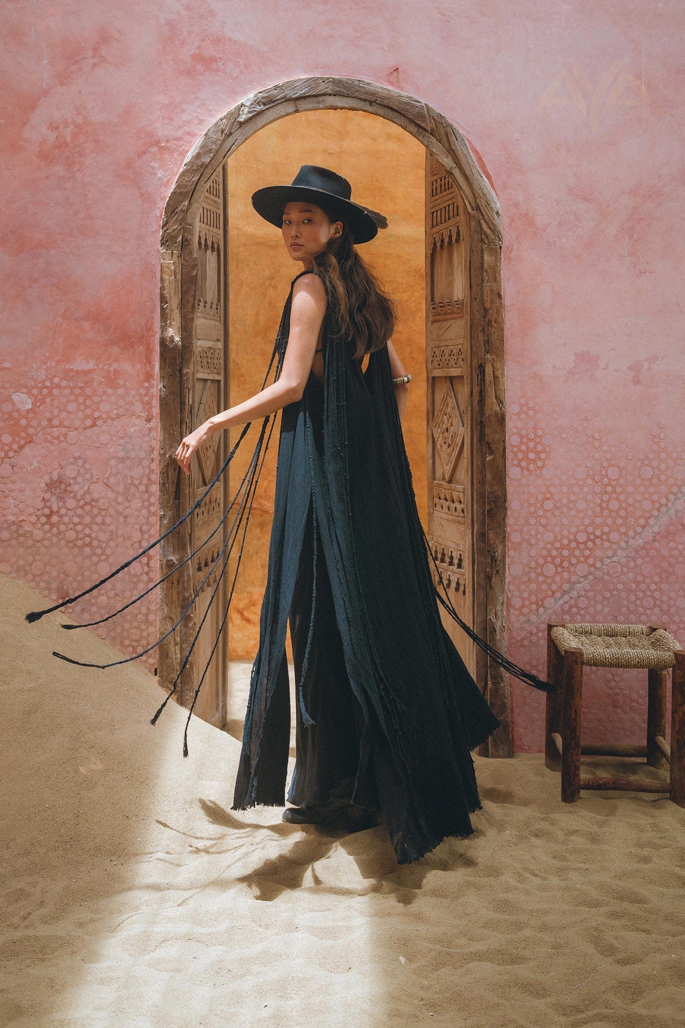 Black Athena Cape • Summer Beach Kaftan • Boho Long Robe • Greek Goddess Cape Dress - AYA SW IDR