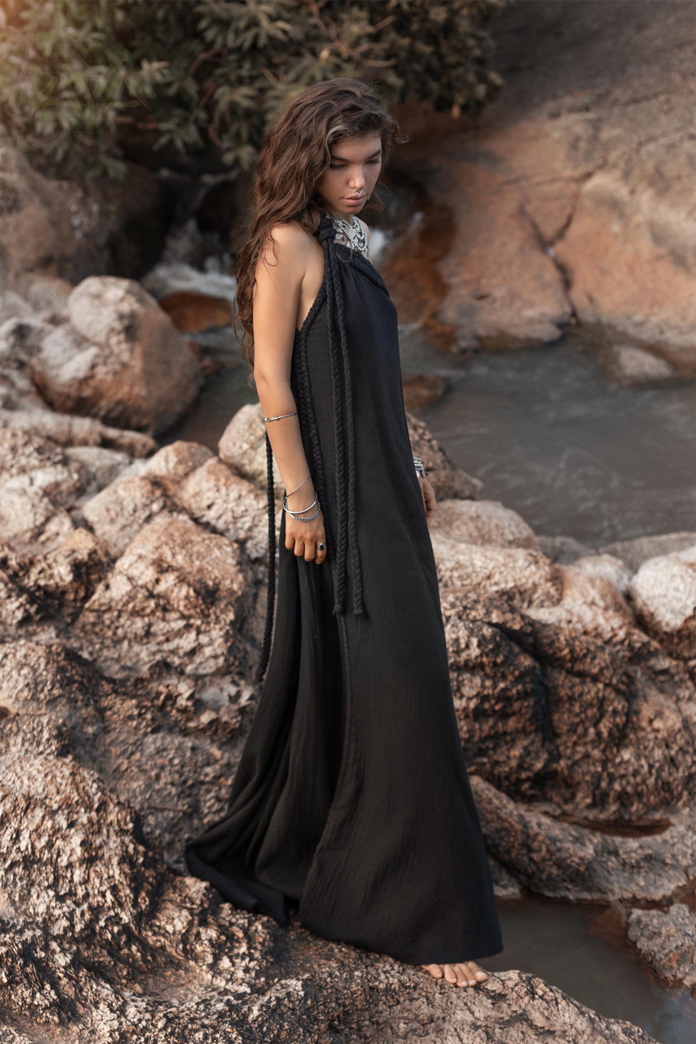 Black Aurora Greek Goddess Dress • Cold Shoulder Maxi Dress • Gothic Grecian Dress - AYA SW IDR