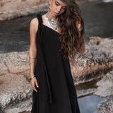 Black Aurora Greek Goddess Dress • Cold Shoulder Maxi Dress • Gothic Grecian Dress - AYA SW IDR