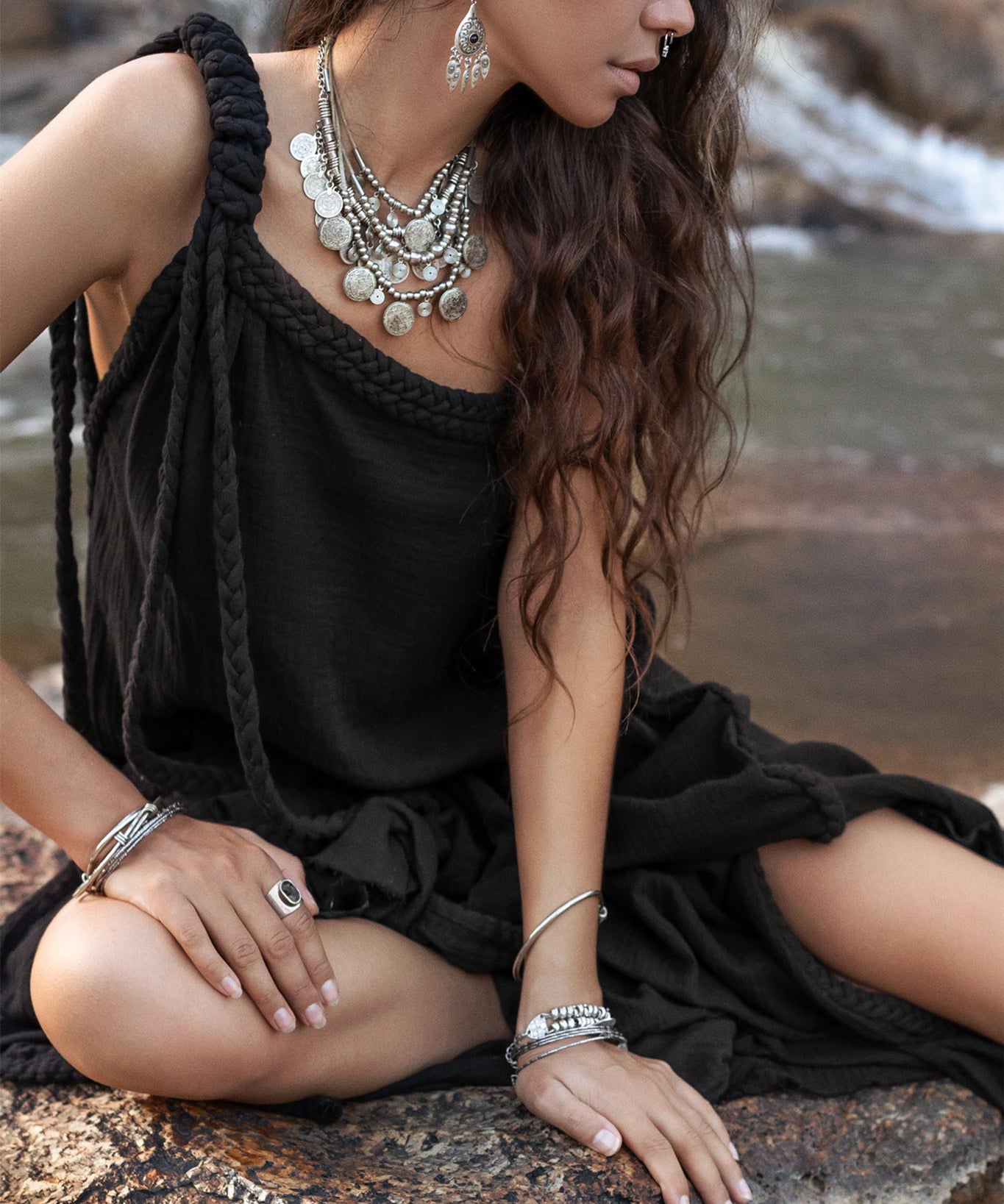 Black Aurora Greek Goddess Dress • Cold Shoulder Maxi Dress • Gothic Grecian Dress - AYA SW IDR