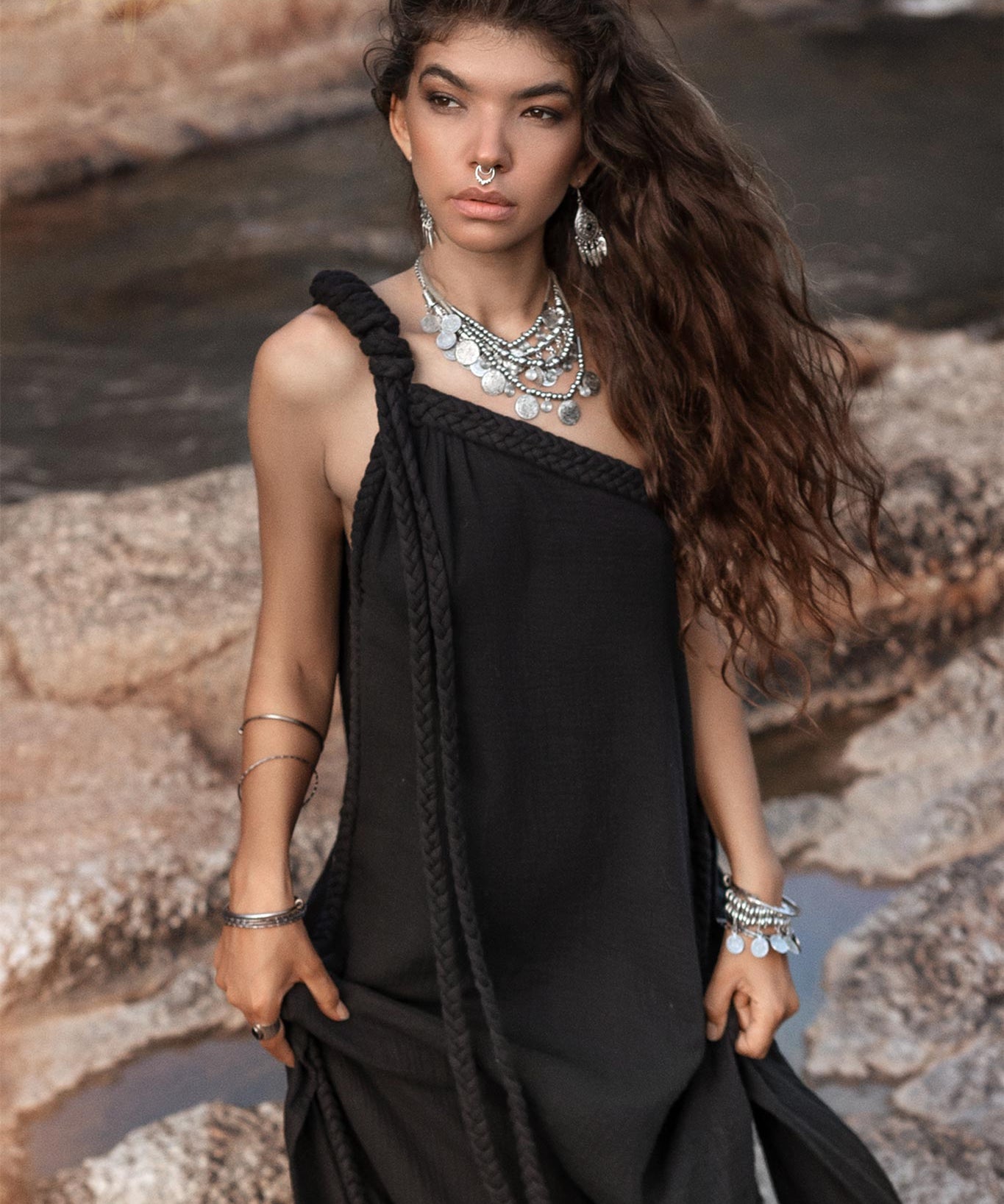 Black Aurora Greek Goddess Dress • Cold Shoulder Maxi Dress • Gothic Grecian Dress - AYA SW IDR