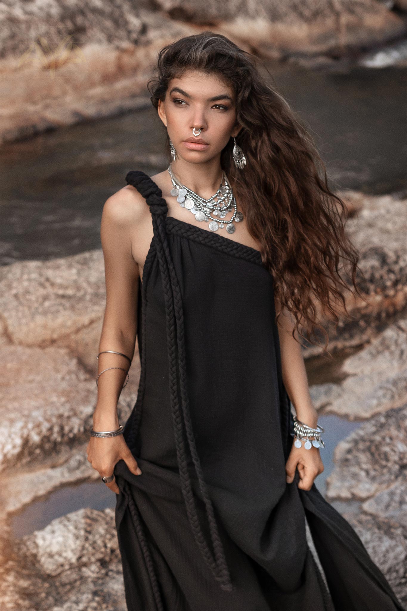 Black Aurora Greek Goddess Dress • Cold Shoulder Maxi Dress • Gothic Grecian Dress - AYA SW IDR