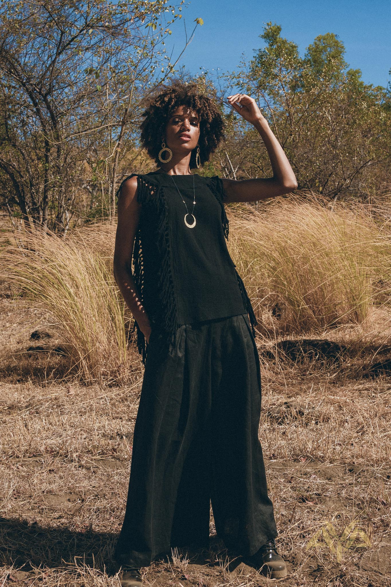 Black Bohemian Top with Tassels Sides - AYA SW IDR