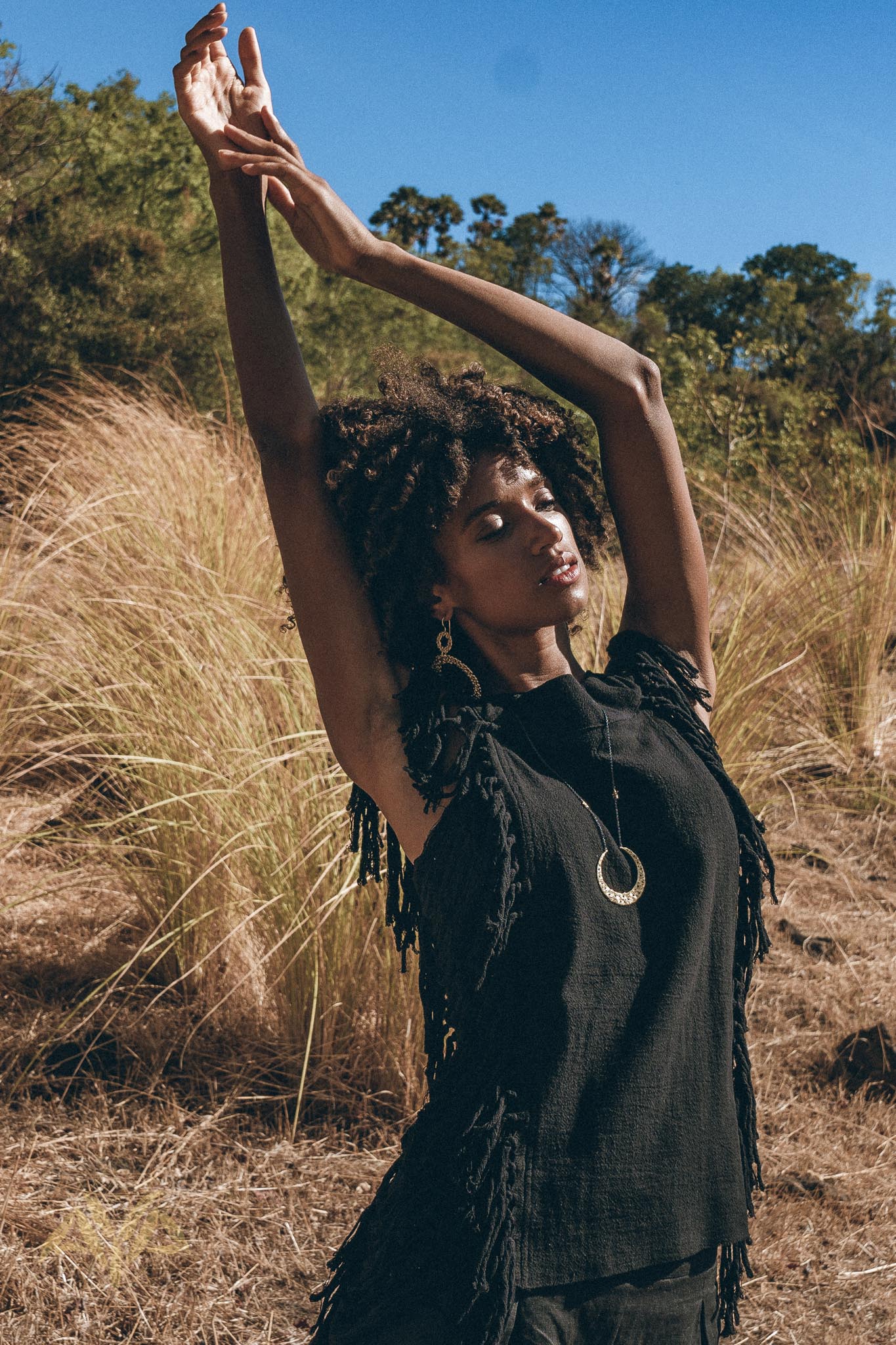 Black Bohemian Top with Tassels Sides - AYA SW IDR