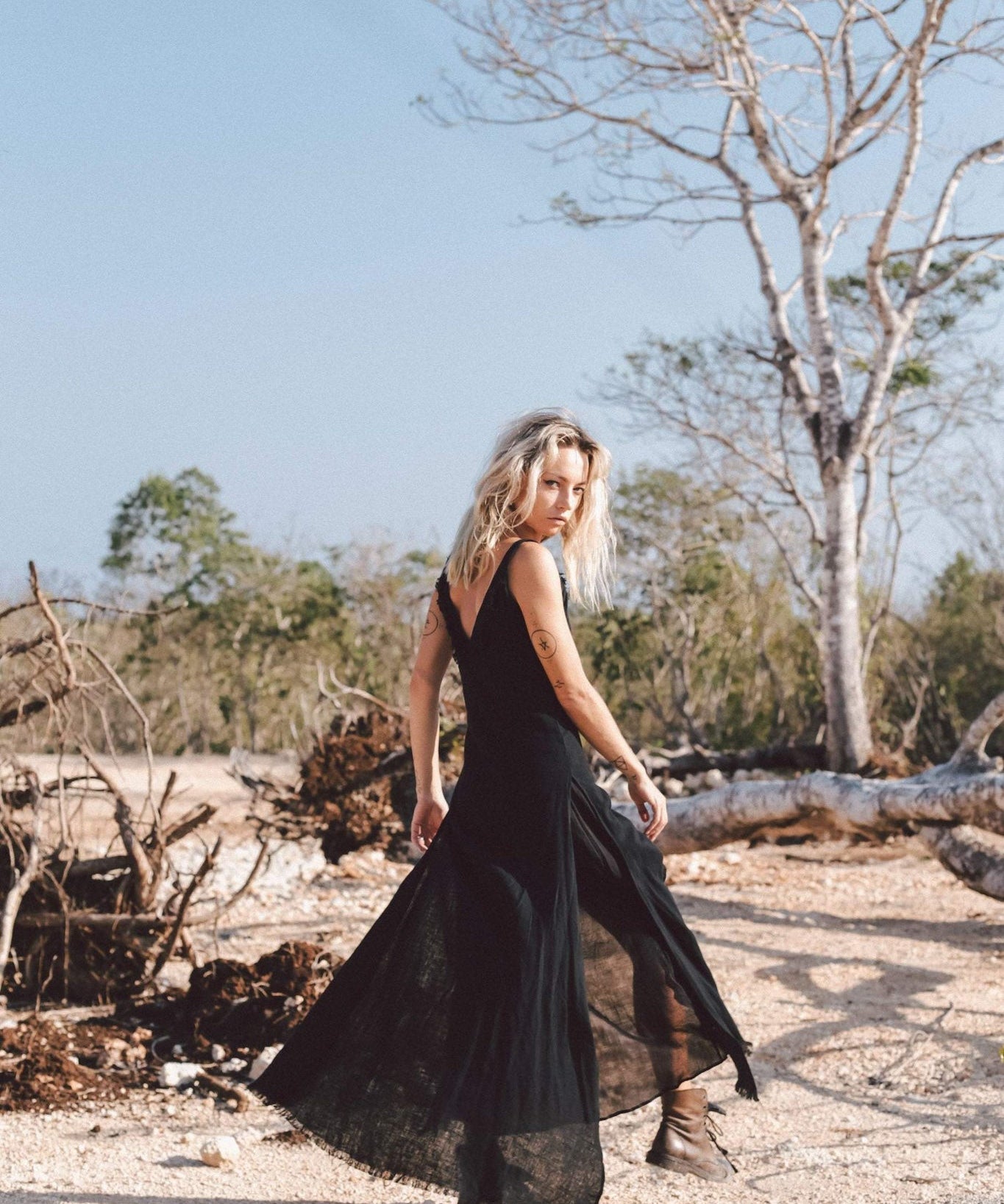 Black Slit Dress with Open Back, Simple Black Wedding Dress - AYA Sacred Wear