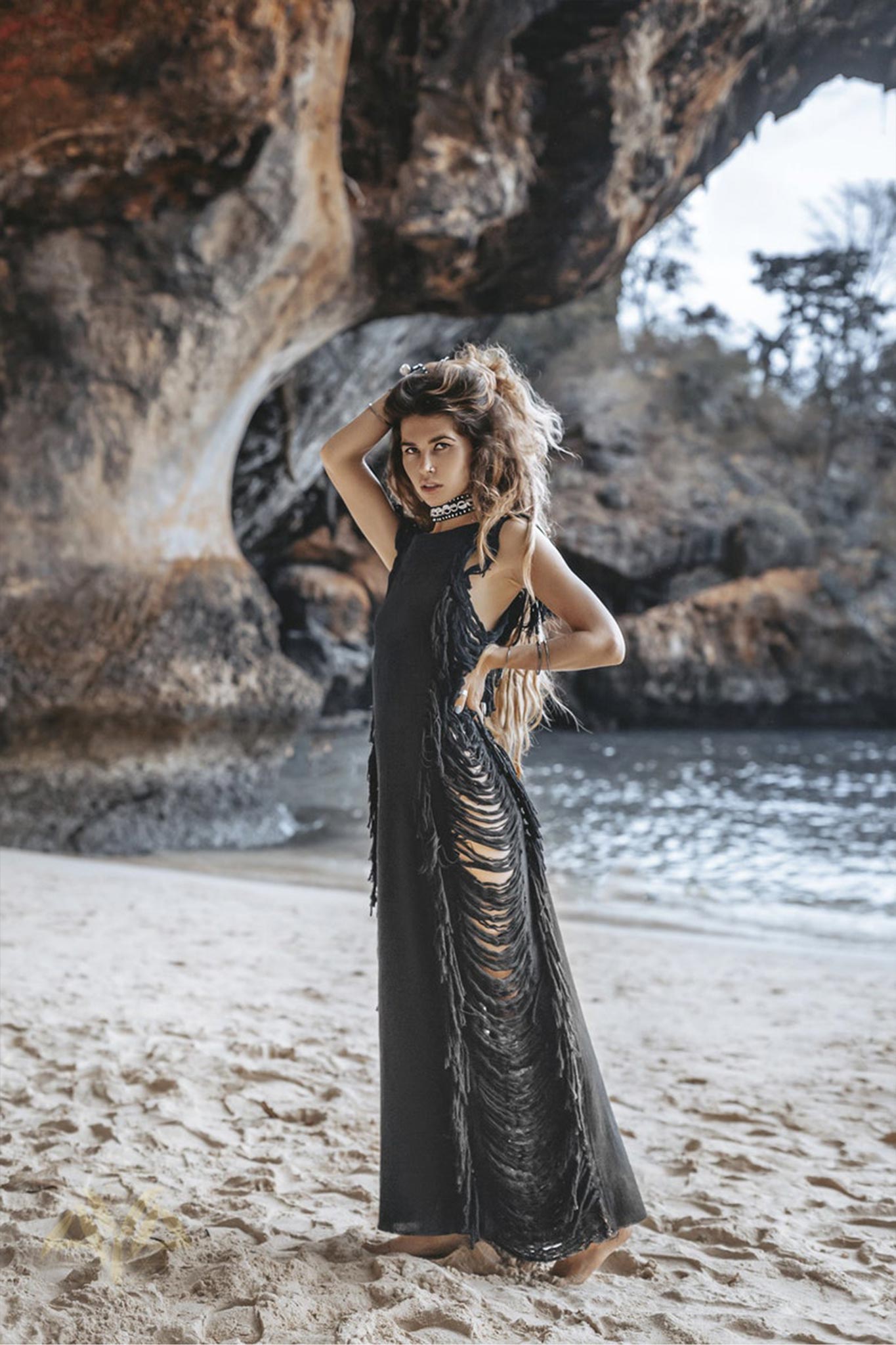 Black Boho Dress • Bohemian Dress • Ladder Sides Dress - AYA SW IDR