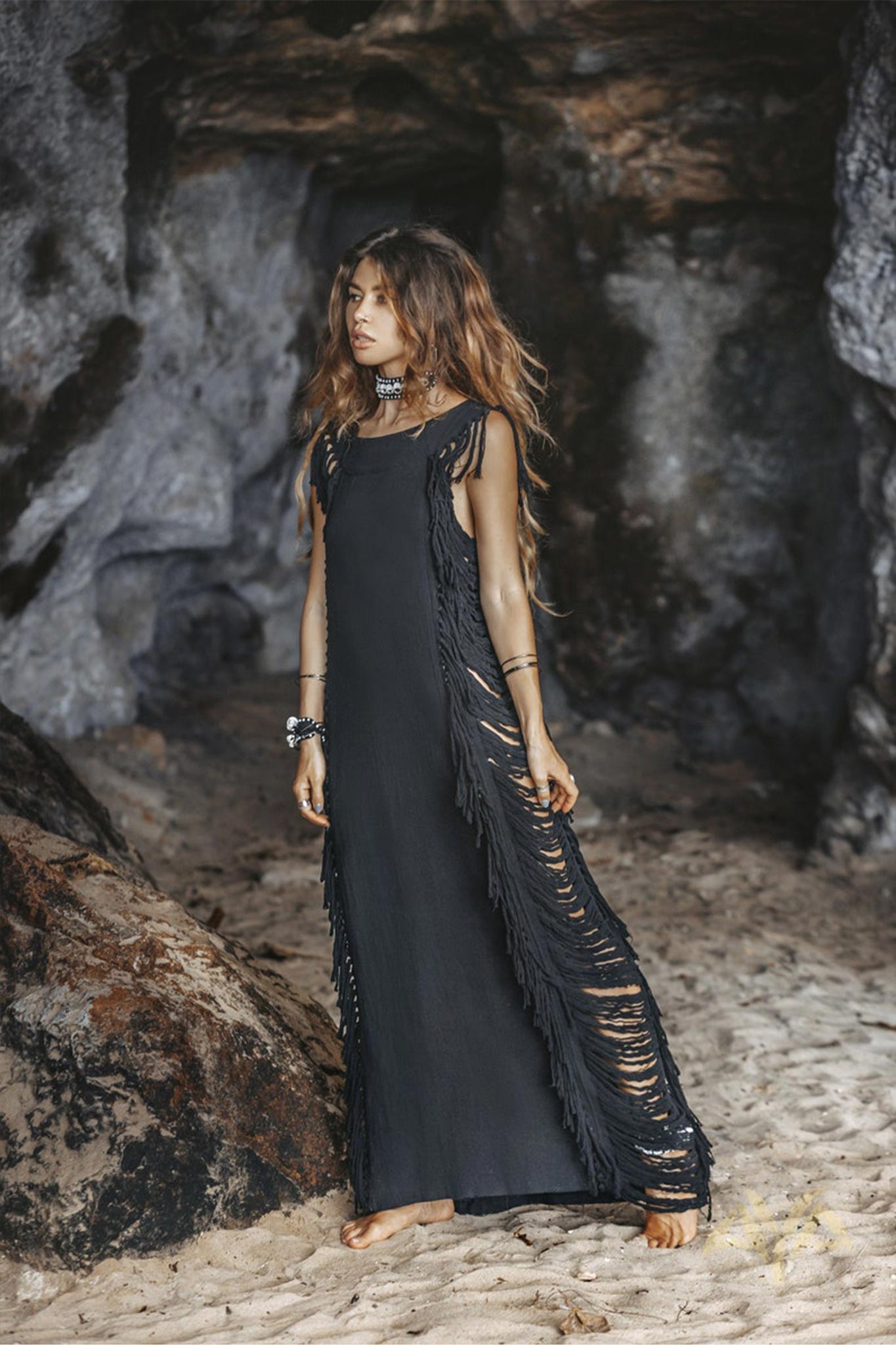 Black Boho Dress • Bohemian Dress • Ladder Sides Dress - AYA SW IDR