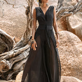 Black Boho Jumpsuit Women • Handmade Cold Shoulder Maxi Jumpsuit - AYA SW IDR