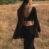 Black Boho Linen Set, Embroidered Indian Top, Maxi Skirt, Handmade Summer Festival Two Piece - AYA SW IDR