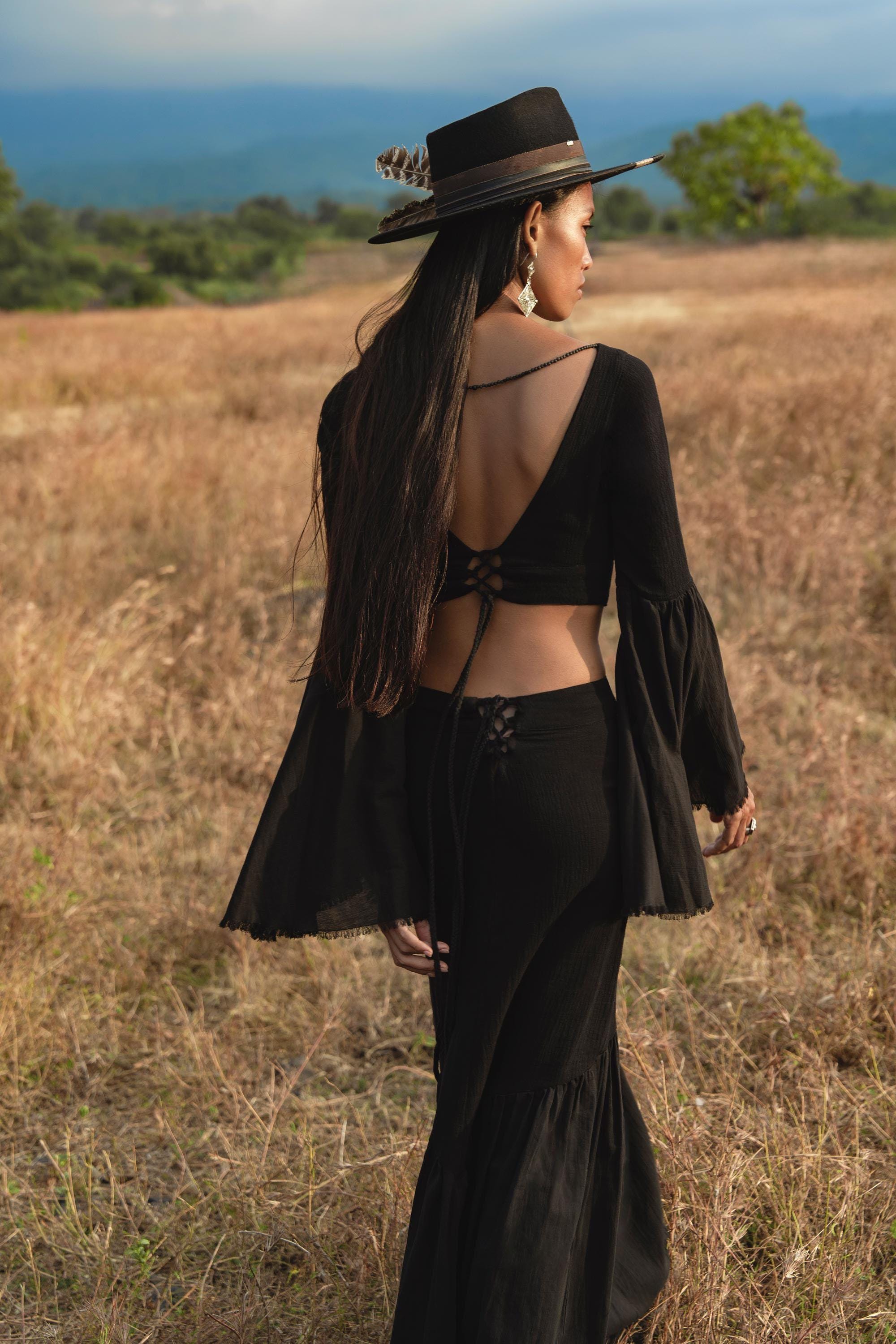 Black Boho Linen Set, Embroidered Indian Top, Maxi Skirt, Handmade Summer Festival Two Piece - AYA SW IDR